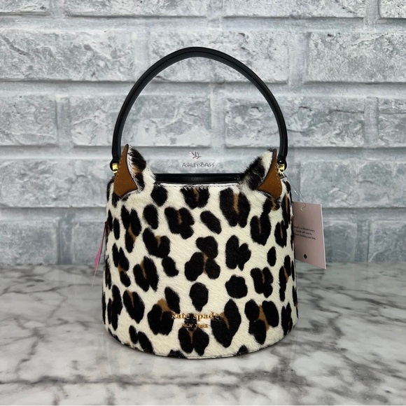 Kate Spade Buttercup Leopard Haircalf Small Bucket Bag Crossbody - Picture 6 of 16